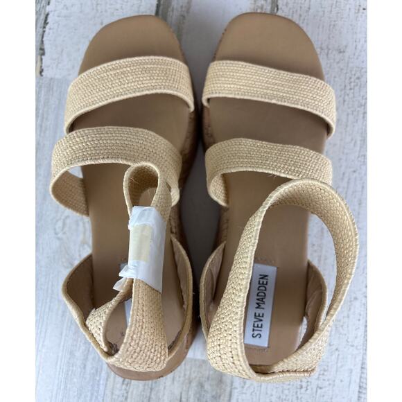 Steve Madden Women’s 9 Sashes Raffia Wedge Sandals Tan Platform Square Open Toe - Picture 7 of 8